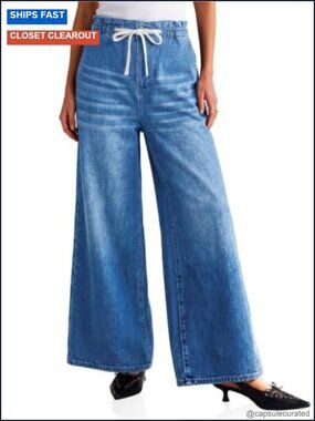 High Rise Wide Leg Paperbag Waist Jeans with Drawstring and Pockets